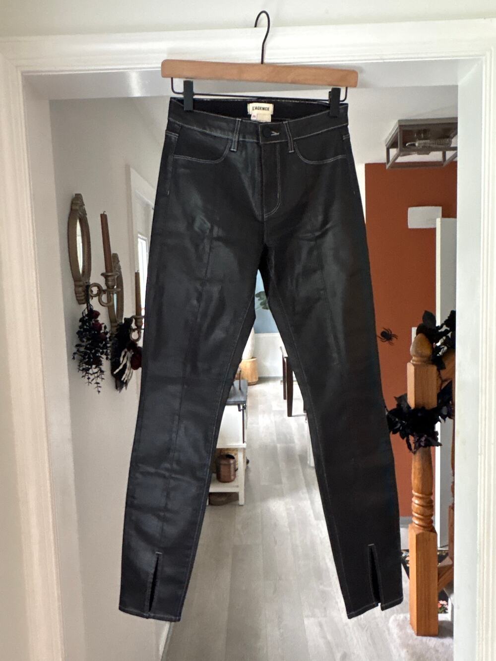 L'agence Jyothi Black Coated Split Ankle Skinny Jeans Size 25 White Stitch Seams